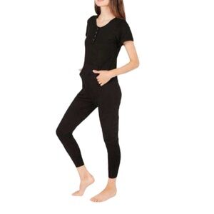 Smash + Tess AnyDay Romper- Black Ribbed Short Sleeve Henley Romper